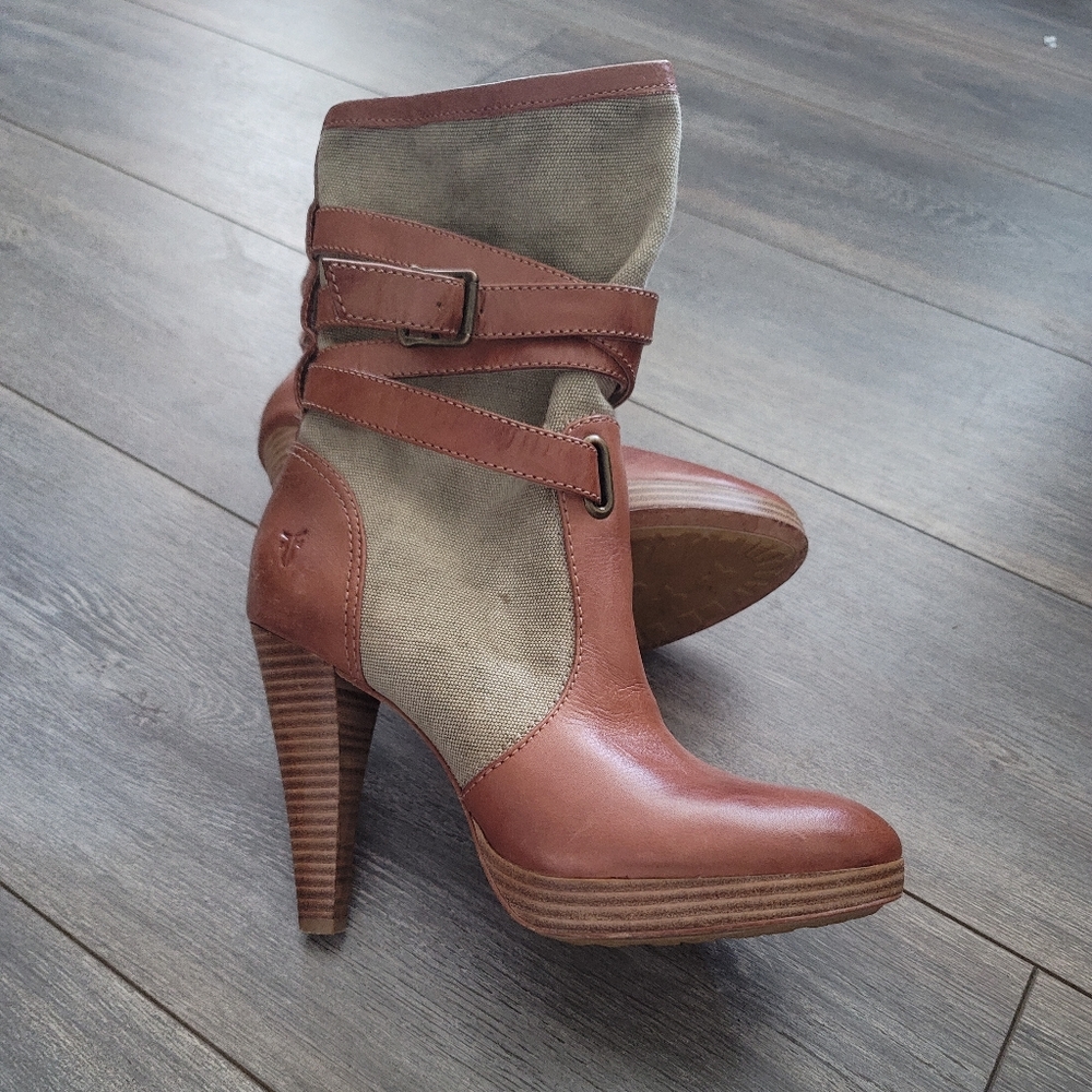Frye harlow green/brown heeled boots